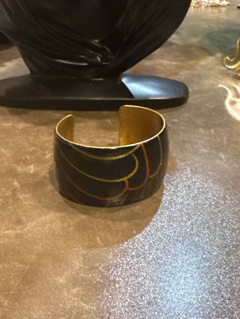 John Crutchfield Vintage Wide Enamel Cuff Bracelet Black Gold Geometric
